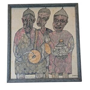 "Yoruba Music And Interpretation" Signed Folk Art Painting on Fabric Canvas